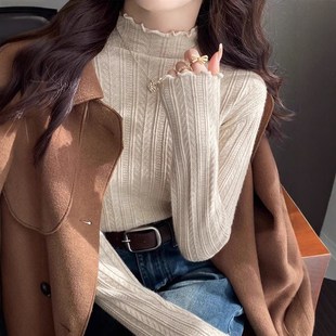 长袖 木耳边针织衫 上衣 女开春内搭2025年新款 白色半高领毛衣打底衫