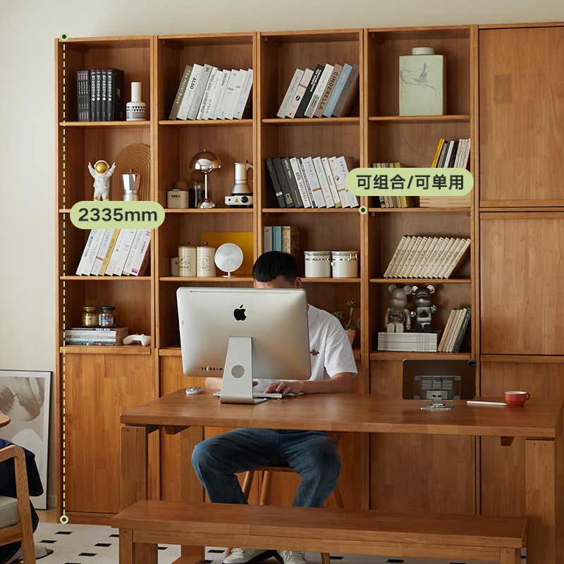 实木书柜一体整墙储物柜落地满墙书架客厅家用置物架骨骼线收纳柜