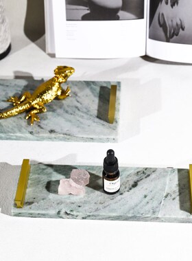 轻奢样板间客厅餐厅香薰托盘铜把手丹东绿天然大理石装饰托盘