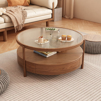 北欧玻璃圆形茶几组合双层日式原木侘寂风小户型客厅家用实木茶几