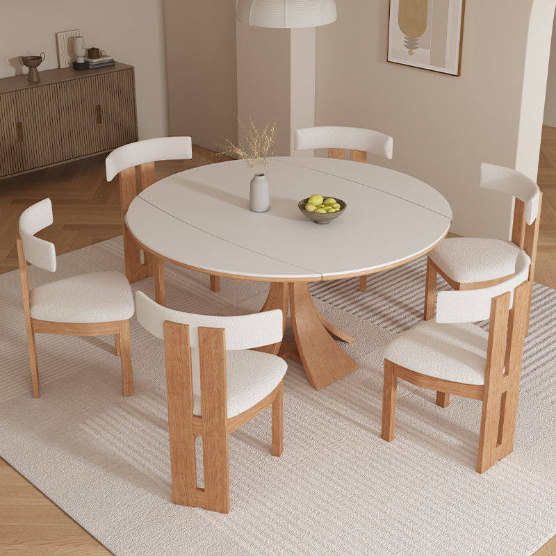 北欧原木奶油风可伸缩岩板餐桌家用方圆两用实木白蜡木吃饭桌子