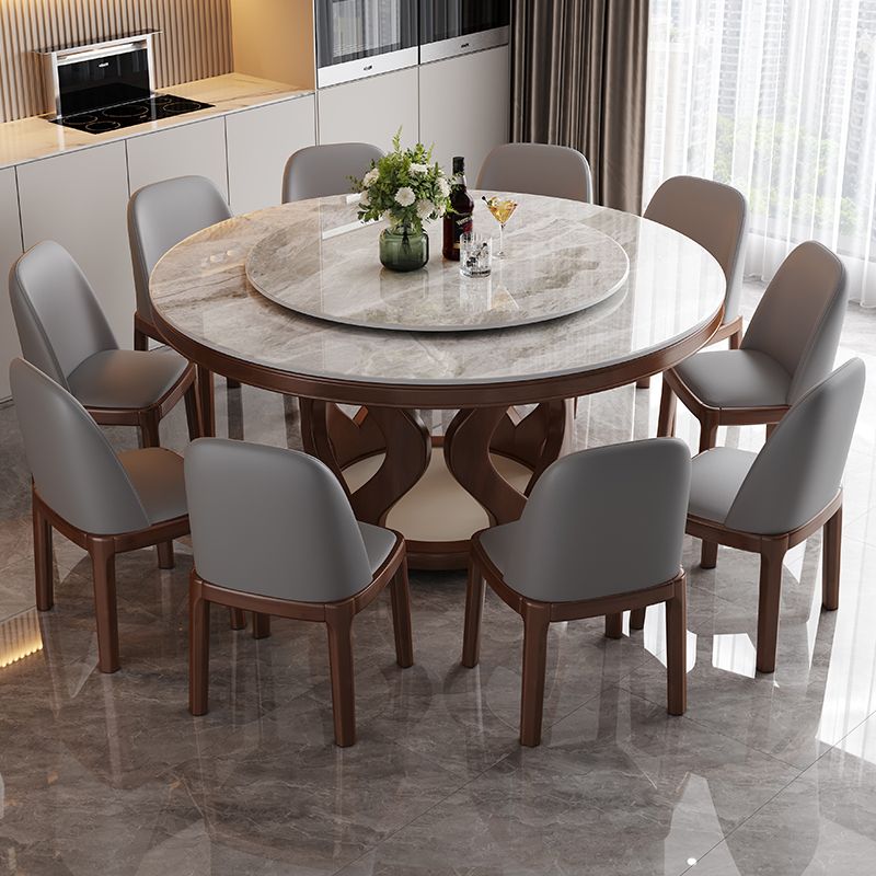 新中式岩板圆桌实木餐桌椅组合现代简约圆形酒店餐桌家用饭桌转盘