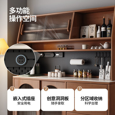 实木餐边柜靠墙一体中古风复古水吧台玻璃门原木储物柜厨房茶水柜