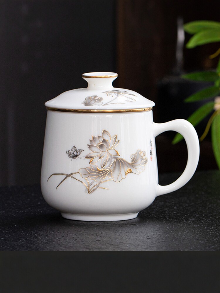 高端羊脂玉瓷办公水杯白瓷泡茶杯大容量陶瓷茶水分离带盖过滤礼盒