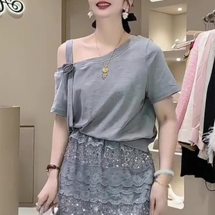设计感小众立体花朵露肩上衣 灰色斜肩短袖 t恤女2025新款 爆款 夏季