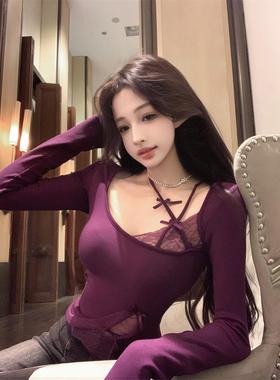 超火爆款方领挂脖上衣女秋冬不规则紫色蕾丝打底衫内搭可外穿小衫
