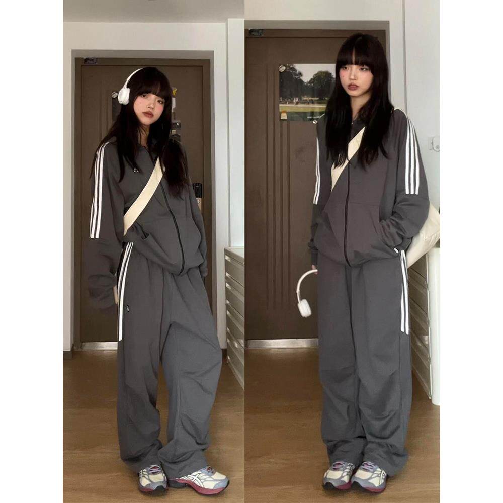 学院风运动服套装女秋冬学生宽松韩版美式炸街卫衣跑步休闲两件套