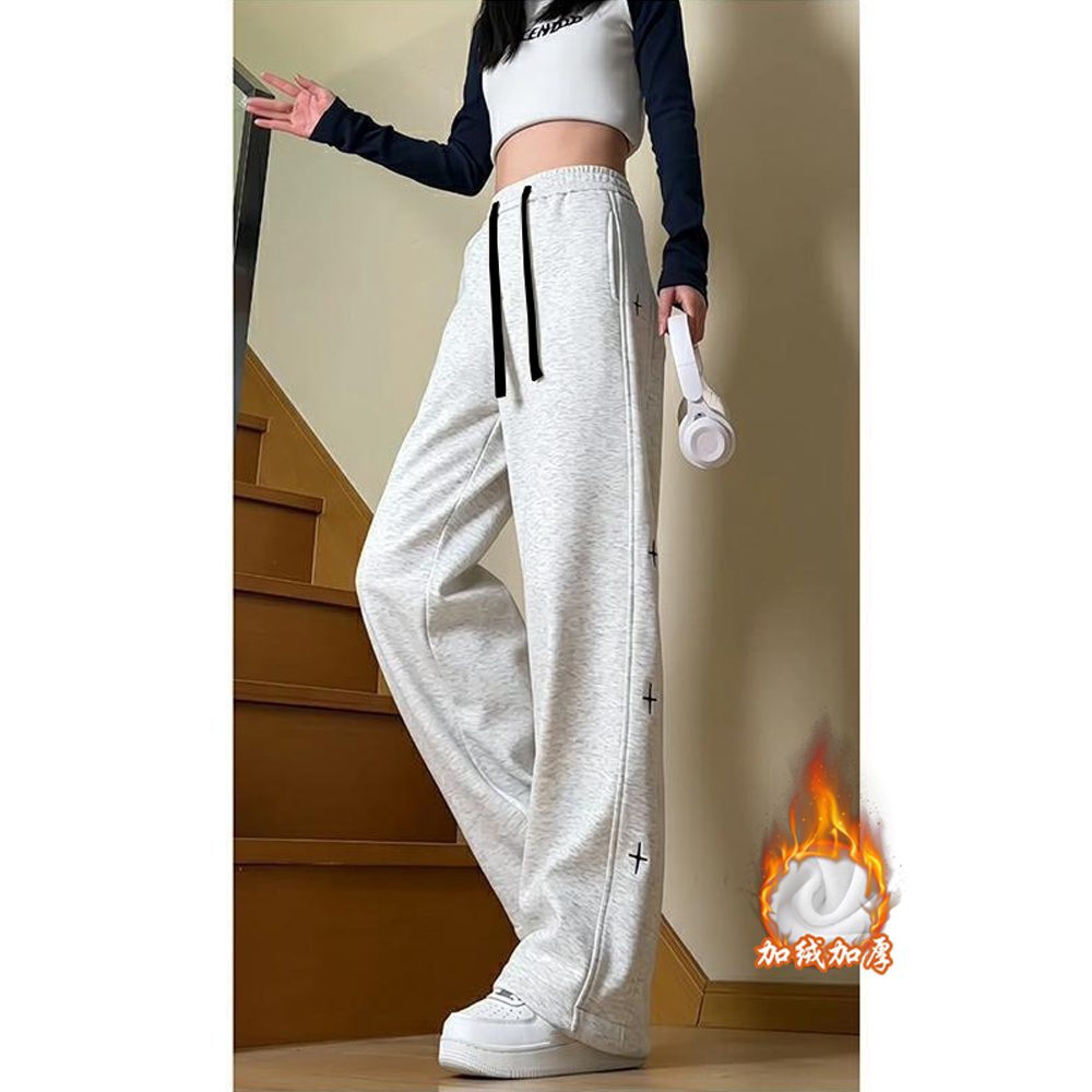 秋冬季加绒加厚阔腿裤女装宽松百搭学生休闲裤运动风保暖直筒长裤