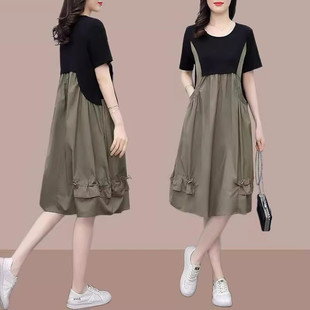 加肥加大码胖mm夏装胖人连衣裙女宽松遮肉显瘦假中长假两件裙子潮