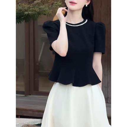 法式高级感珍珠拼接泡泡袖上衣女夏季新款设计感小众黑色短袖T恤