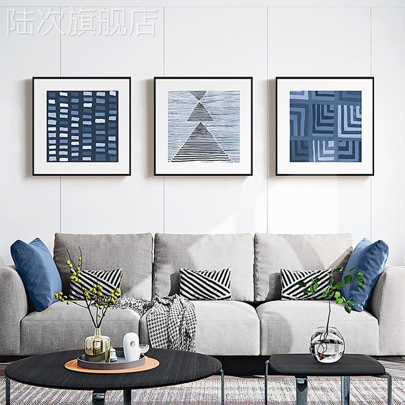 现代简约蓝色装饰画 地中海风格客厅挂画 抽象几何线条壁画 可定