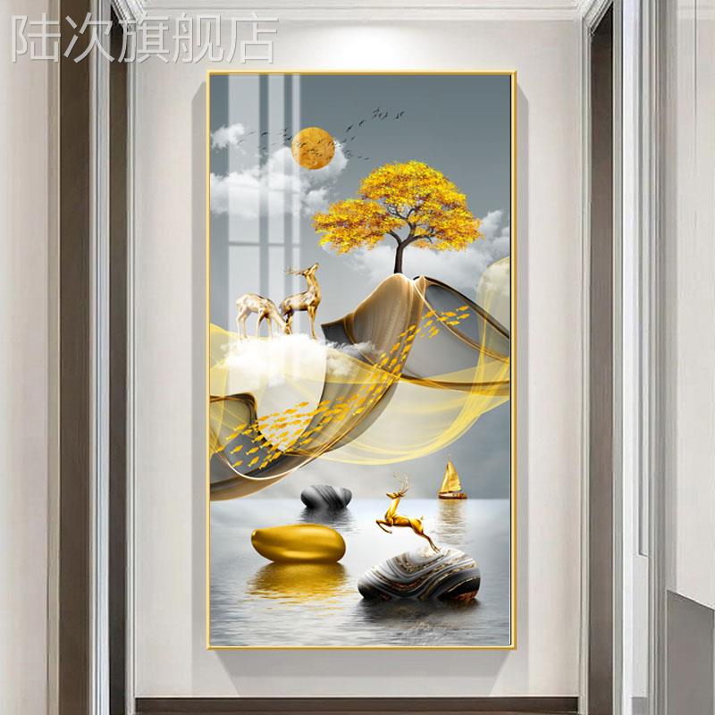 北欧轻奢玄关装饰画简约金色线条走廊挂画入户尽头大气抽象鹿壁画图片