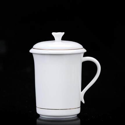 高档茶水杯中式羊脂玉白瓷会议杯带盖个人杯办公室陶瓷杯定制logo