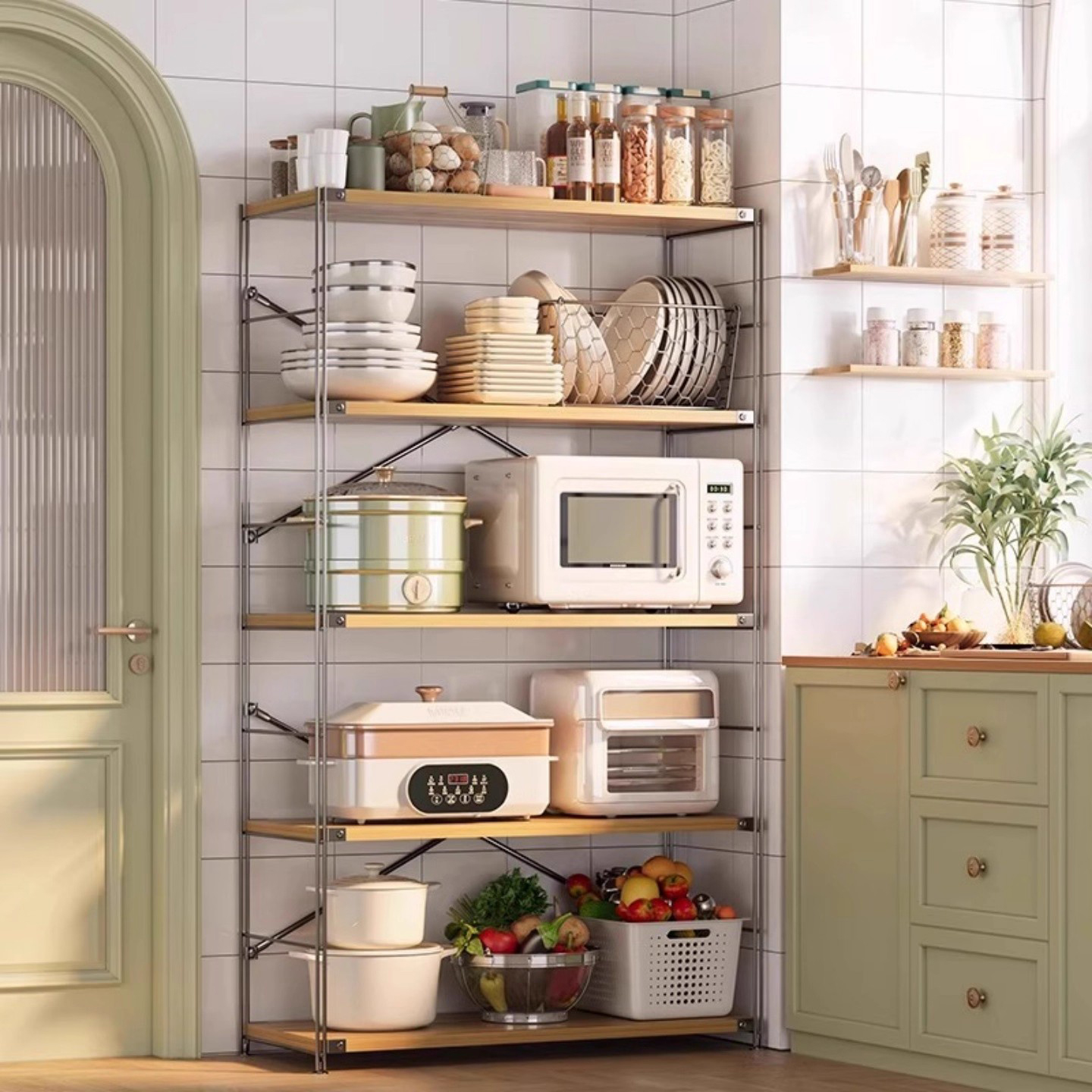 原木风日式厨房置物架落地式多层电器置物架微波炉家用餐边收纳层