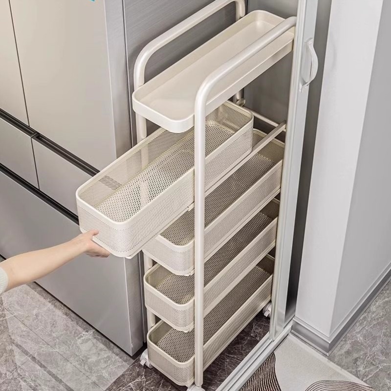 夹缝厨房置物架冰箱侧面落地抽拉柜小推车多层调料极窄缝隙收纳柜