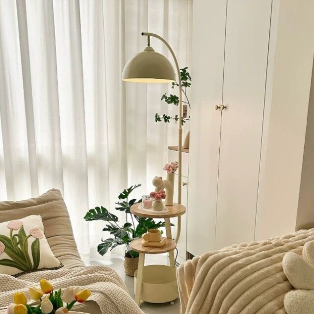 奶油风客厅沙发角落地灯卧室床头柜一体台灯无线充电边几中古立式
