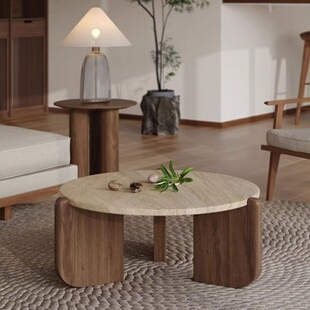 侘寂风实木洞石茶几极简小茶台小户型客厅家用圆形阳台大理石矮桌