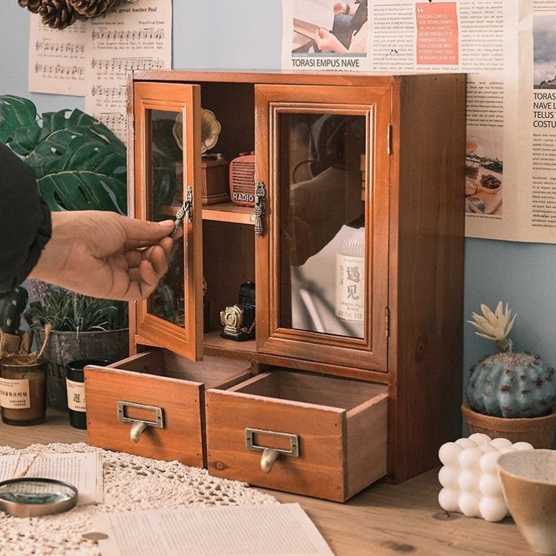 桌面置物架木质玻璃化妆品香水置物架复古梳妆台办公书桌盲盒收纳