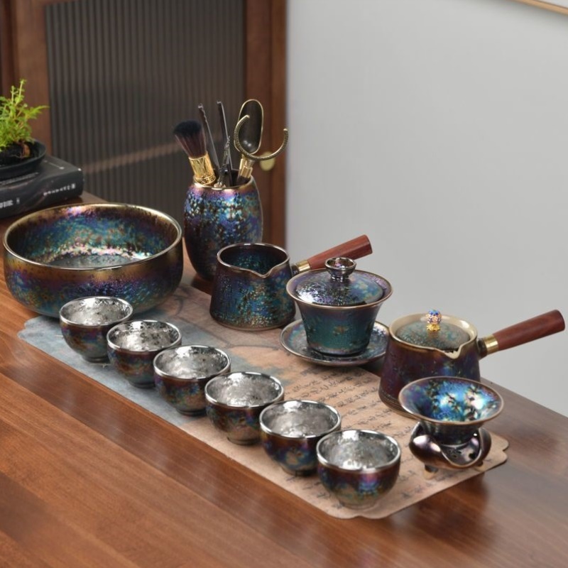 窑变茶盏七彩鎏金茶具套装办公茶壶茶杯泡茶陶瓷功夫茶具盖碗家用