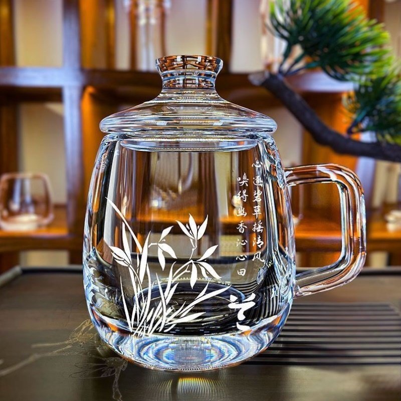 梅兰竹菊天然水晶茶杯原矿石带把家用水晶玻璃杯高级轻奢带盖加厚