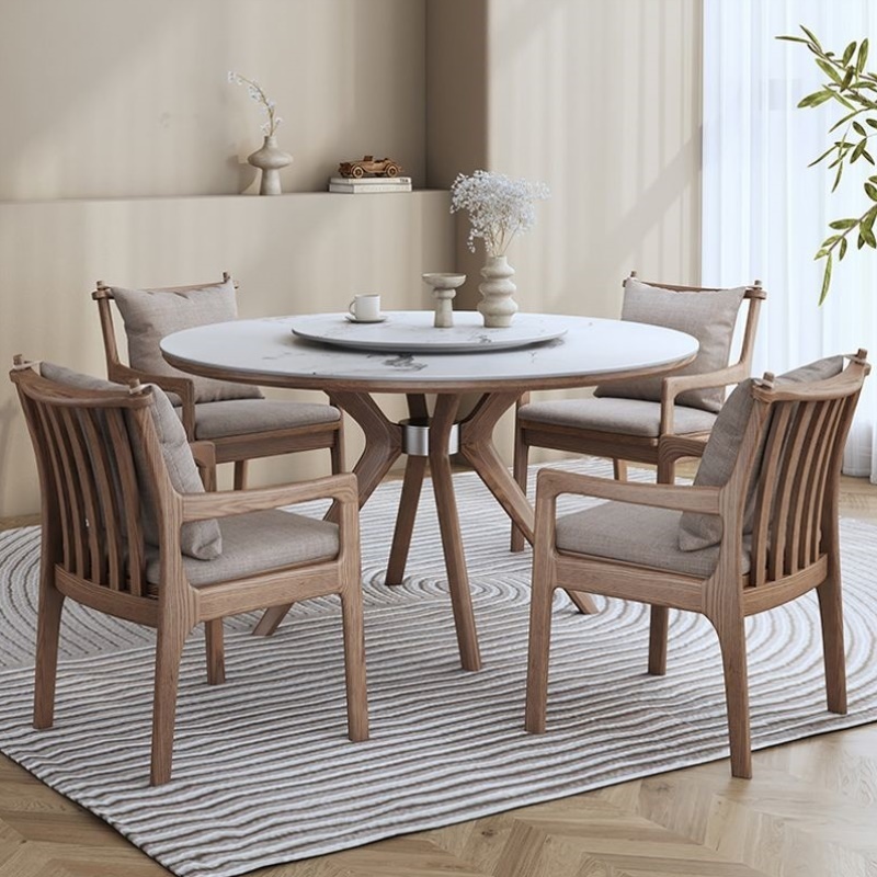 岩板圆桌圆形餐桌圆形家用小户型餐厅中古风餐桌椅岩板餐桌家用
