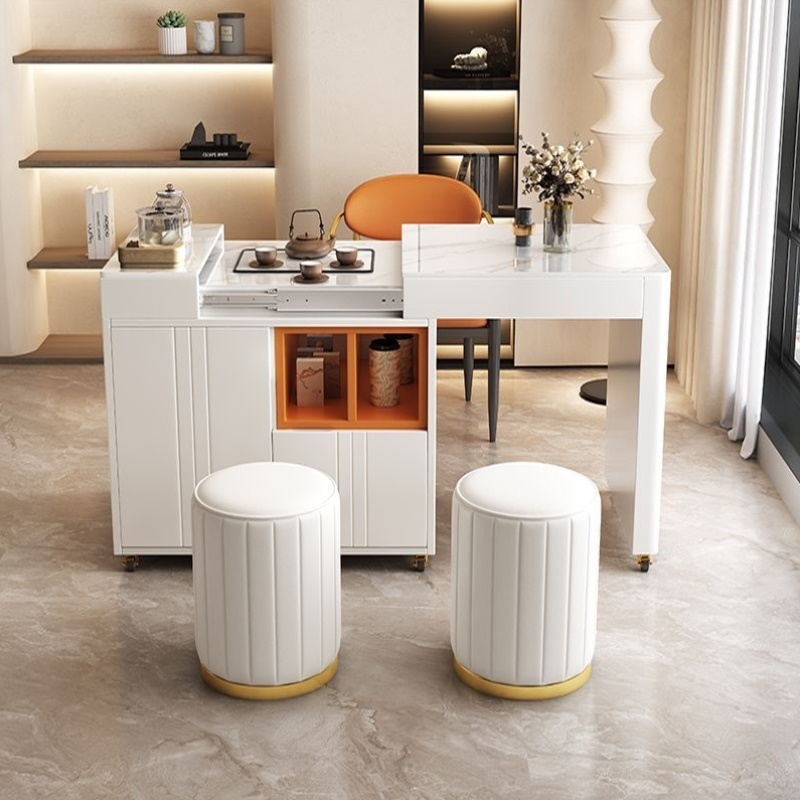 现代简约岩板茶桌小户型可伸缩移动茶台阳台客厅功夫茶几带储物