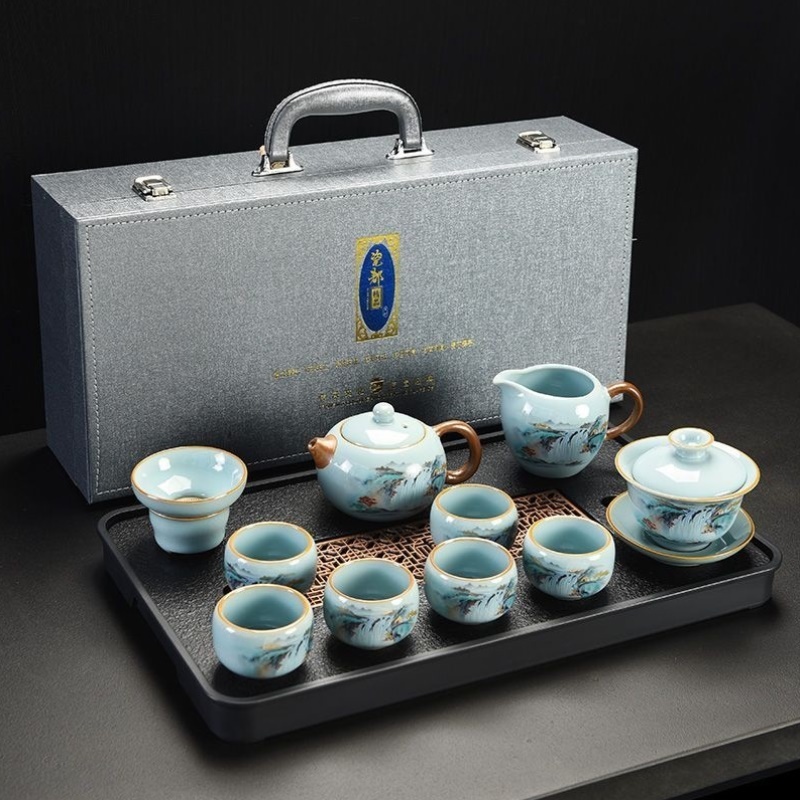 天青汝窑功夫茶具珐琅彩套装陶瓷茶壶盖碗茶杯茶盘轻奢高档礼品