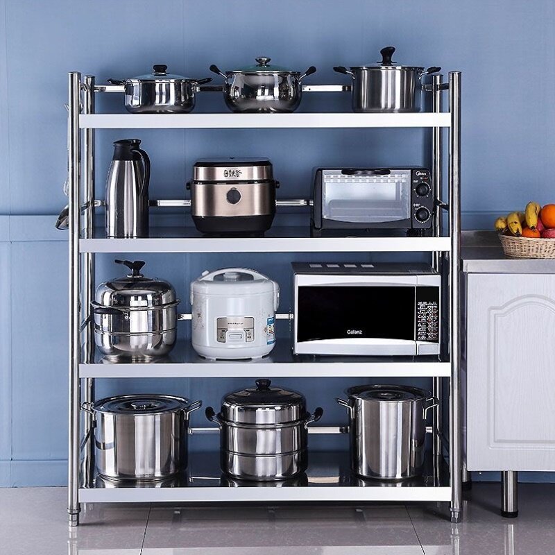 【围栏款】不锈钢厨房置物架落地四层收纳架多功能储物架微波炉架
