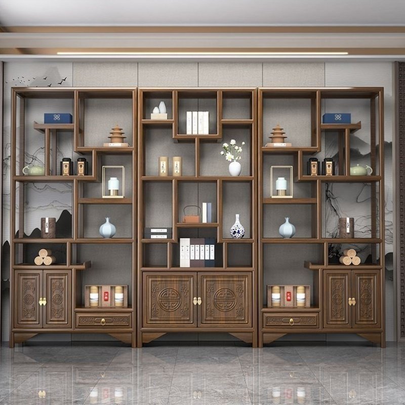 南榆木博古架新中式多宝格隔断办公室展示置物架茶室茶具收纳架