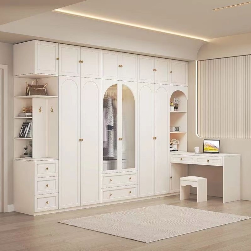 轻奢奶油风法式衣柜书桌一体组合白色转角妆台大衣橱