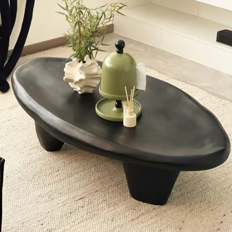 侘寂风创意奶油风设计师鹅卵石茶几黑色家用异形高级客厅简约现代