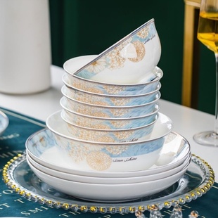 乔迁轻奢高档2021年 欧式 碗盘组合景德镇骨瓷餐具套装 家用陶瓷中式