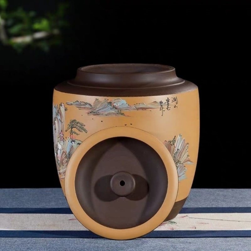 宜兴厂家直供紫砂水缸大号全手工泥绘山水上抽水款龙头两用款家用