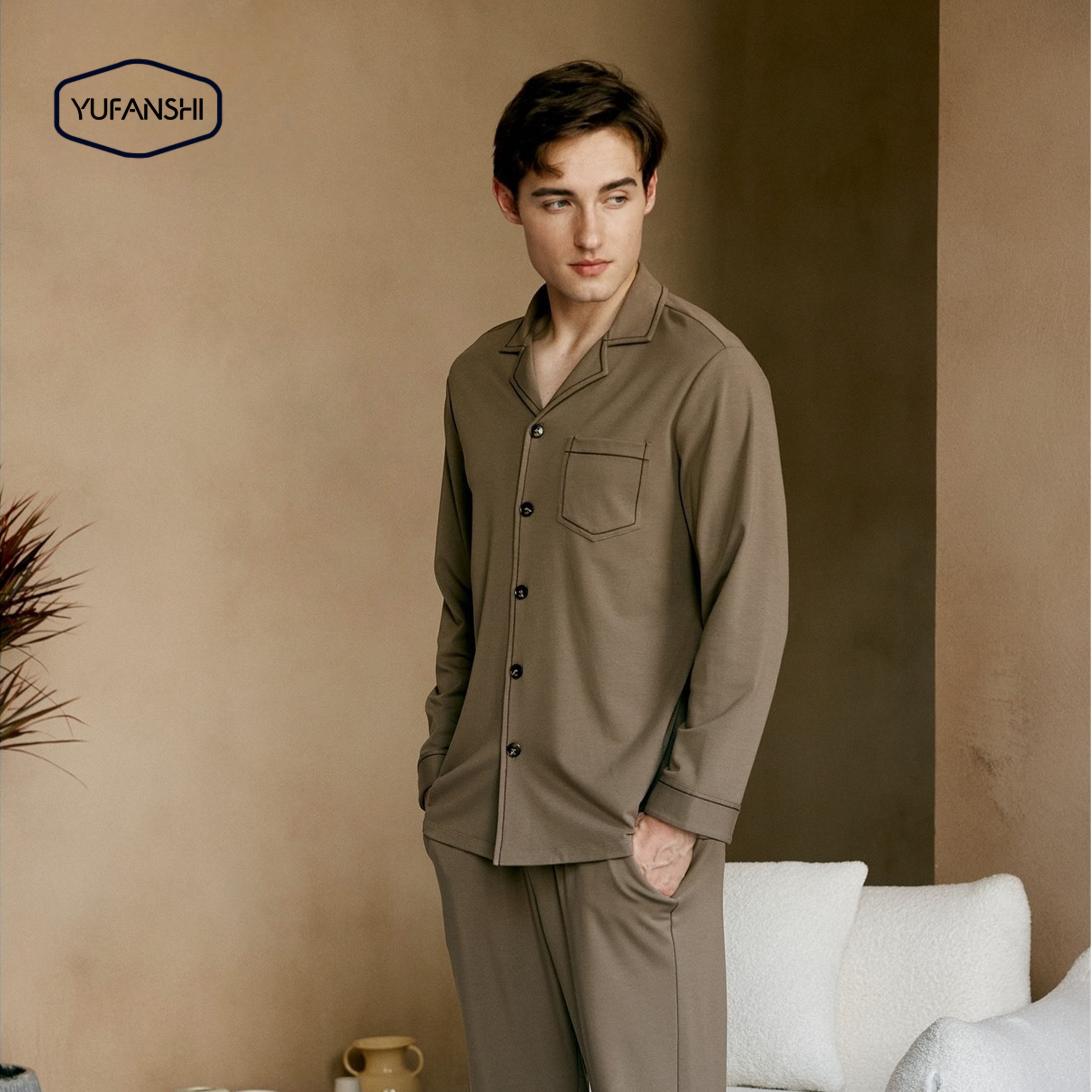 新款经典线条翻领舒适家居服套装