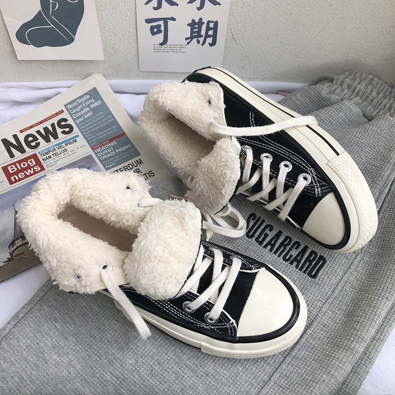 1970s黑色高帮帆布鞋新款棉鞋