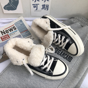 基本款黑色高帮加绒保暖帆布鞋青春潮流百搭加厚板鞋2025冬季棉鞋