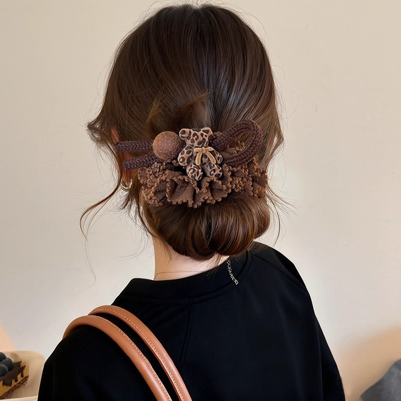 豹纹小熊球球大肠发圈女高级感扎马尾丸子头皮筋头花发绳