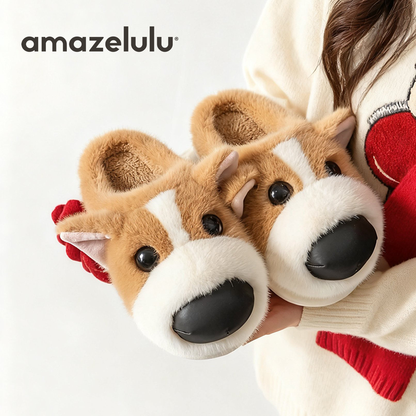 amazelulu柯基毛绒棉拖鞋女士冬居家室内可爱防滑保暖懒人毛毛鞋
