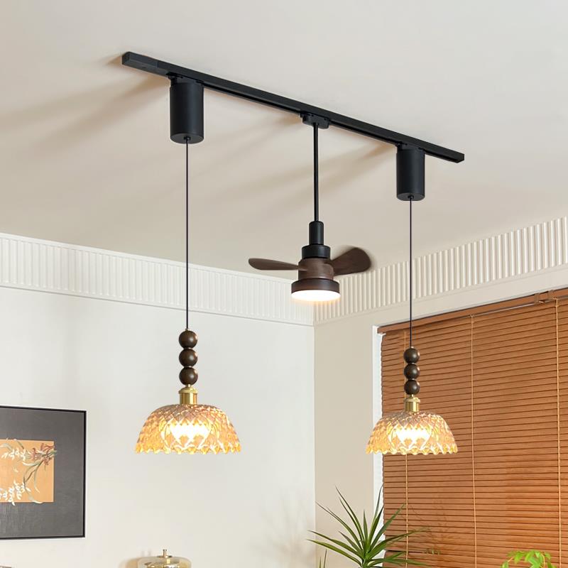 法式中古风餐厅吊灯可移位轨道风扇灯复古玻璃餐桌岛台吧台护眼灯