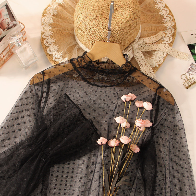 木耳边高领蕾丝打底衫女波点内搭纱衣薄款透明喇叭袖洋气上衣网纱,女装/女士精品,蕾丝衫/雪纺衫,淘宝优惠券,粉丝福利购,淘宝优惠卷