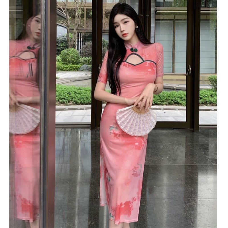 夏季新款中式复古典中国舞蹈旗袍连衣裙女气质优雅性感开叉显身材