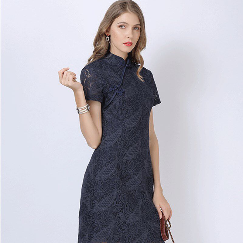 欧美大码女装高端法式黑色蕾丝连衣裙改良版旗袍夏季2021年新款薄