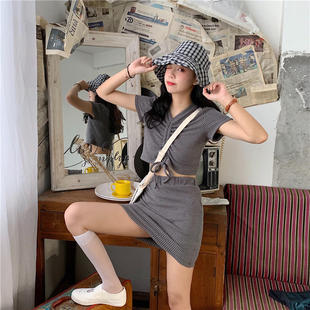 145小个子显高150夏XS码a字松紧腰半身裙搭配抽绳短袖T恤两件套装