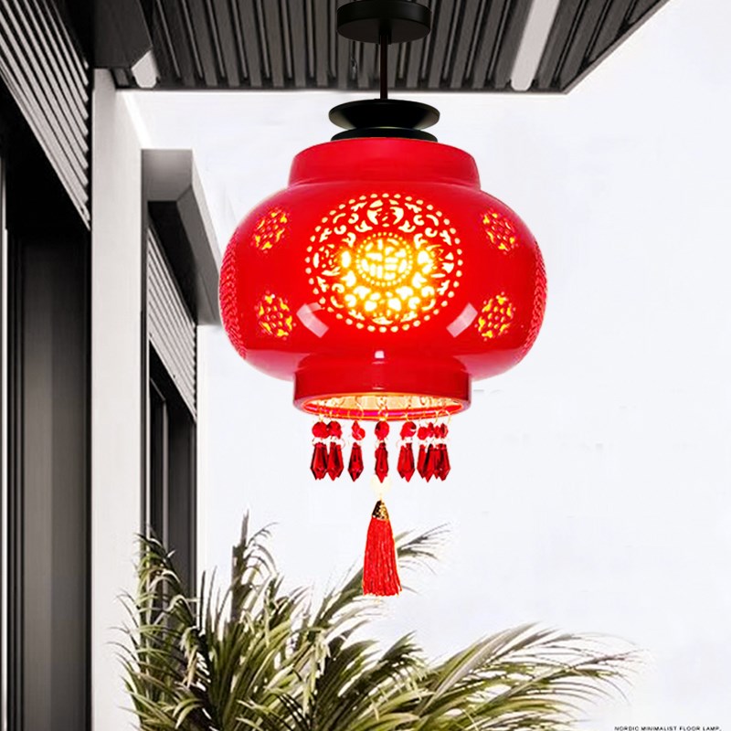 红色灯笼玄关入户走廊过道卧室阳台吸顶灯中国风陶瓷乔迁大门灯红