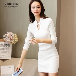 针织旗袍连衣裙秋冬女长袖中长款打底衫紧身包臀百搭年轻款打底裙