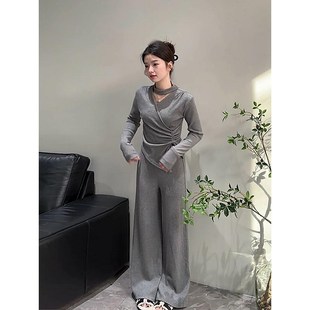 两件套套装 直筒裤 DT1019 秋冬交叉V领收腰抽绳褶皱上衣阔腿裤 颂宋