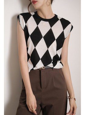 自留80支JI细美利奴羊毛上衣风圆领背心无袖复古菱格针织衫女秋款