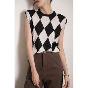 自留80支JI细美利奴羊毛上衣风圆领背心无袖复古菱格针织衫女秋款