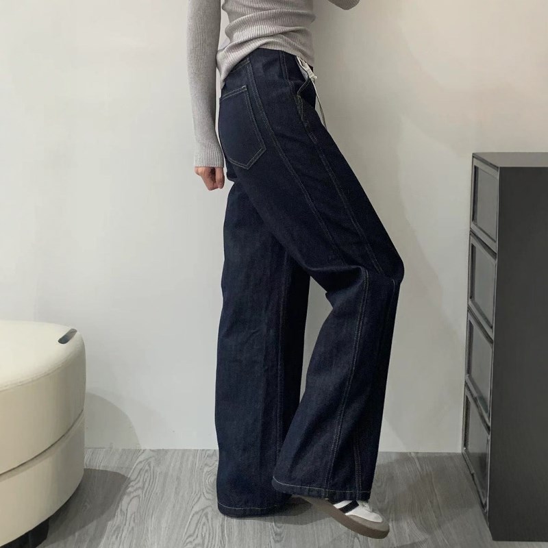 深蓝色牛仔裤女2024秋季新款高腰显瘦直筒裤梨型身材裤子粗腿宽胯