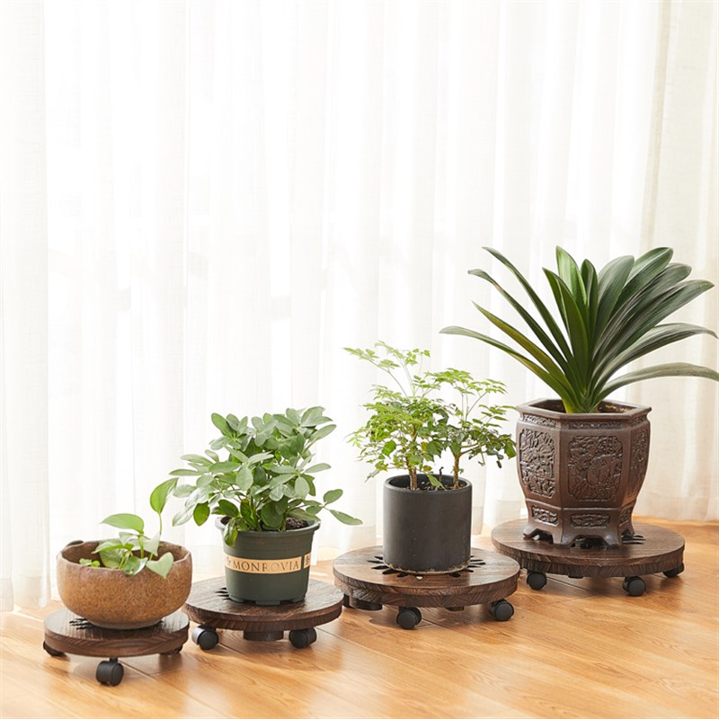 实木花盆底座托盘木质盆栽架带移动万向轮滚轮接水盘滑轮圆形